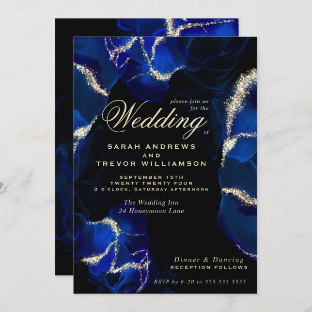 Mariage | Exotic Royal Blue Alcohol Ink Invitation (Devant / Derrière)