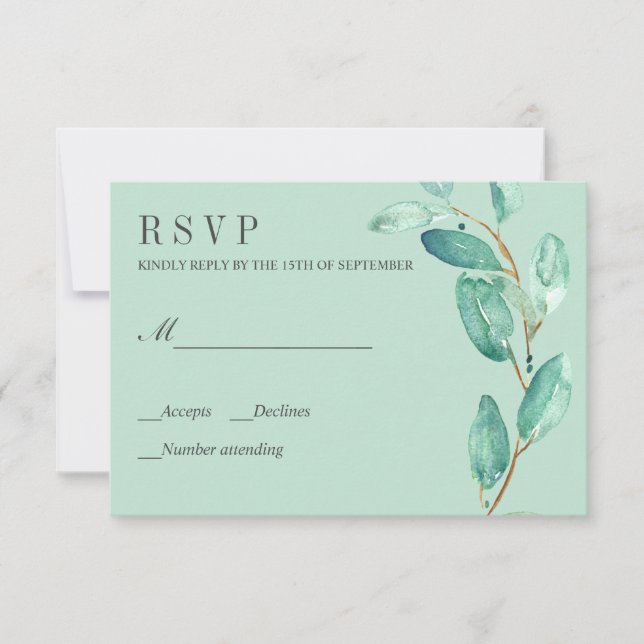 Mariage Feuille Eucalyptus Aqua frais RSVP (Devant)