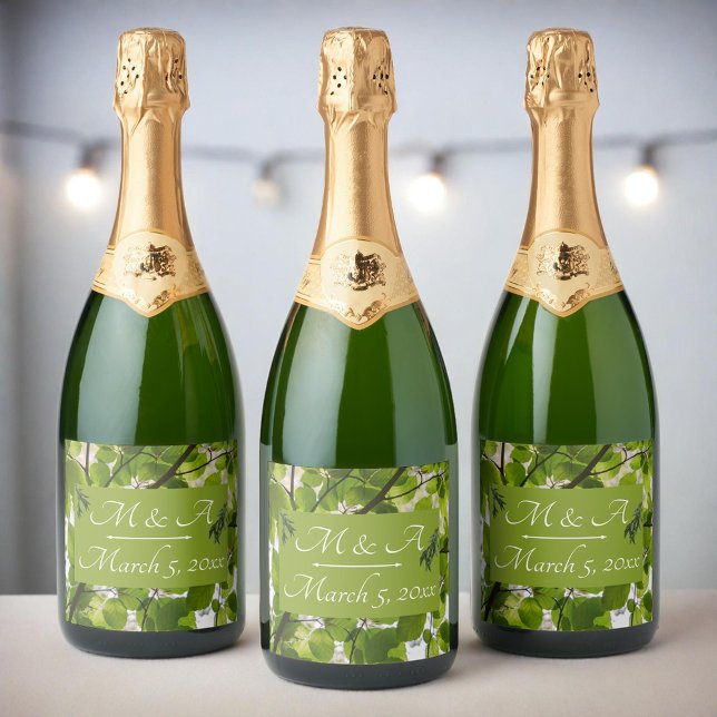 Mariage Feuille vert étincelant Étiquette bouteill (Créateur téléchargé)