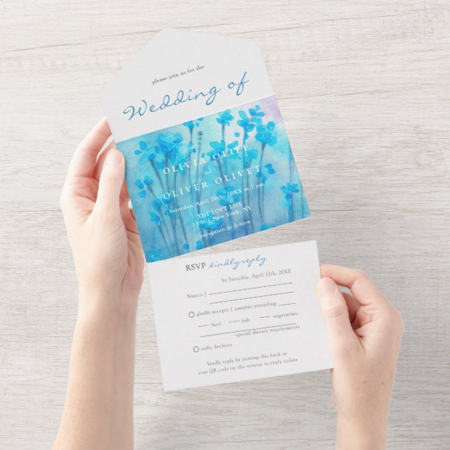 Mariage Fleur sauvage Bleu tout en une invitation (Déchirure)