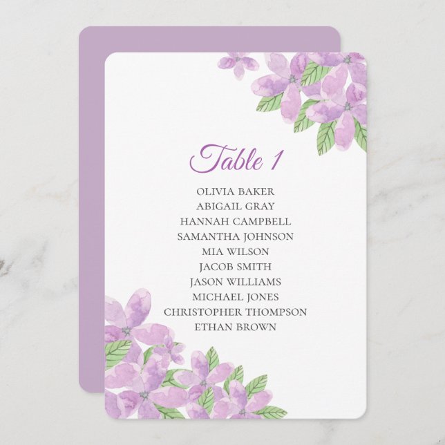 Mariage fleurie violette. Cartes de sièges de fleu (Devant / Derrière)