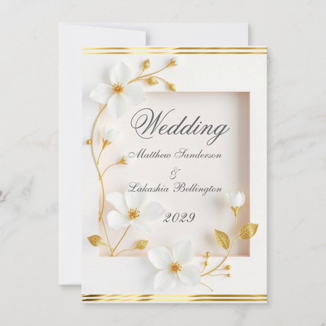 Mariage fleurs blanches or Belle invitation (Devant)
