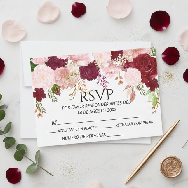 Mariage Fleurs Rose Pâle Burgundy Espagnol RSVP  (Créateur téléchargé)
