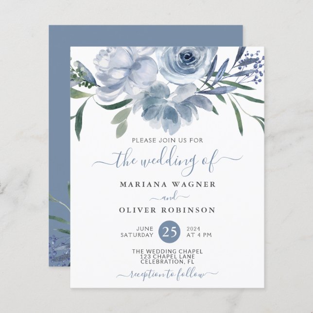 Mariage Floral Aquarelle Bleu Poussiéreux Budget (Devant / Derrière)