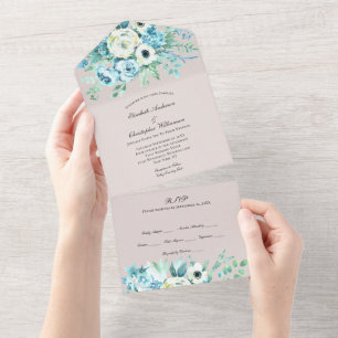 Mariage Floral Blanc Bleu Tout En Une Invitation