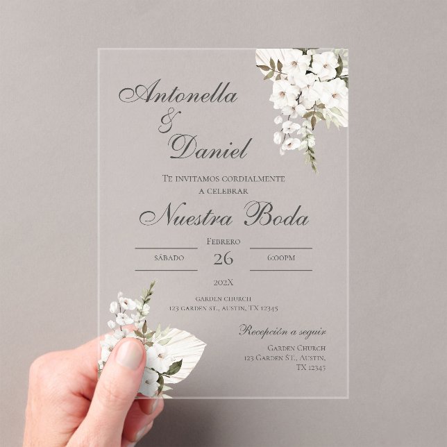 Mariage floral blanc invitation acrylique espagnol (In situ (ordinateur de poche))