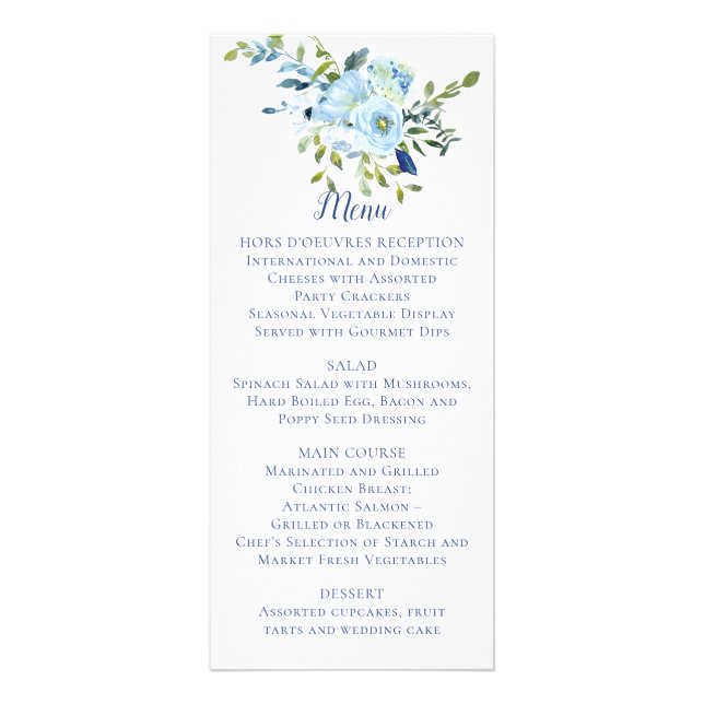 Mariage floral bleu clair et marine | Menu (Devant)