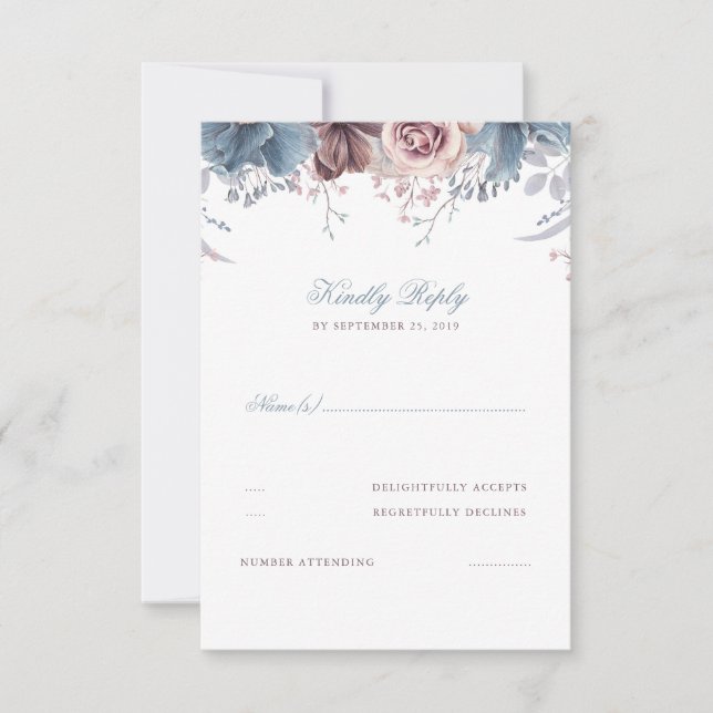 Mariage floral bleu Dusty et mauve RSVP (Devant)