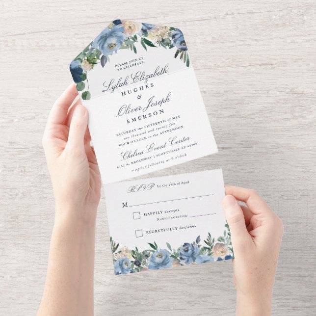Mariage Floral Bleu Dusty tout en une invitation (Déchirure)