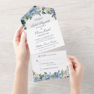 Mariage Floral Bleu Dusty tout en une invitation