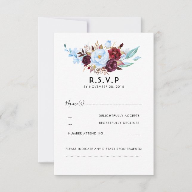 Mariage floral bleu et bordeaux Dusty RSVP (Devant)