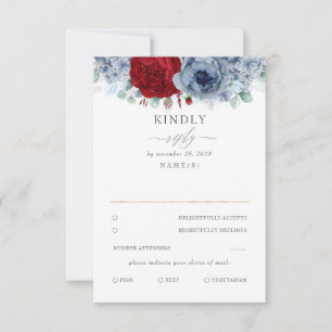 Mariage floral bleu et rouge bordeaux Dusty RSVP