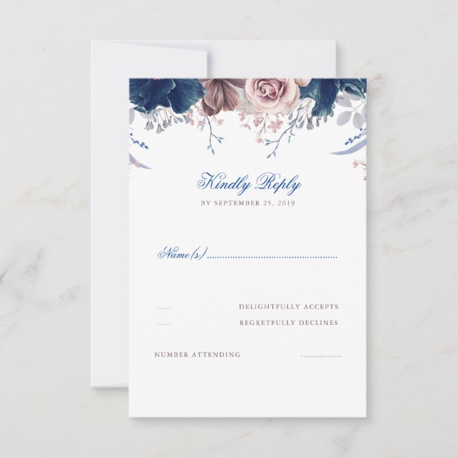 Mariage floral bleu marine et mauve RSVP (Devant)