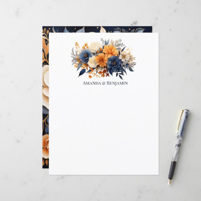 Mariage floral bleu marine, orange brûlé et champa (Devant/Arrière en situation)