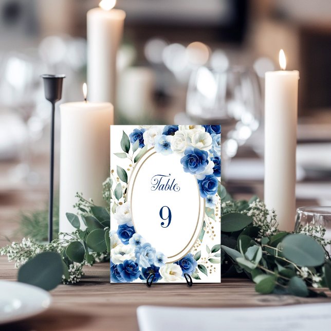 Mariage floral bleu ovale Numéro de table (Créateur téléchargé)