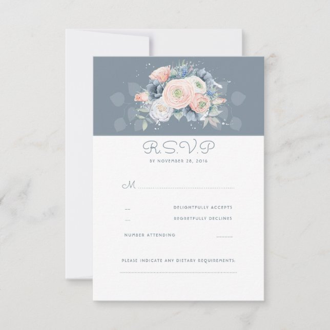 Mariage floral bleu pâle et Rose poussiéreux RSVP (Devant)