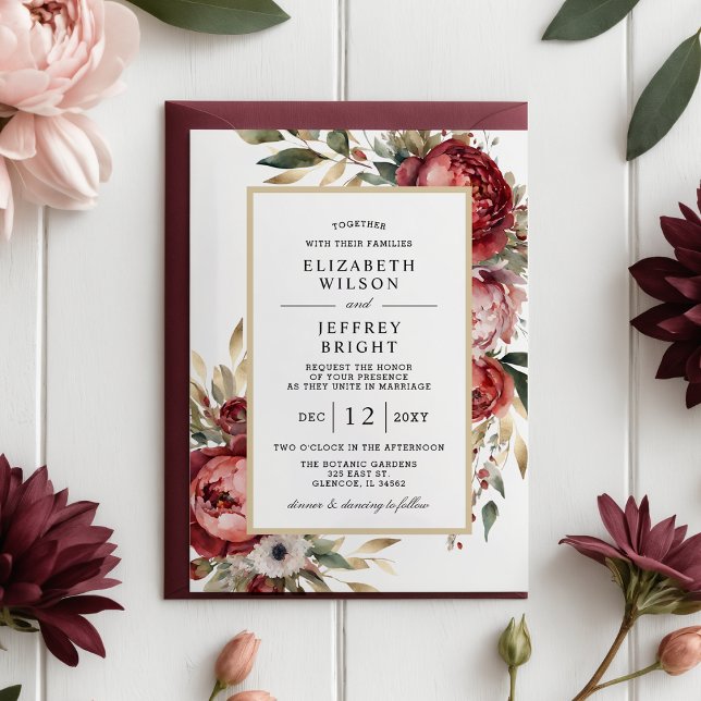 Mariage Floral Blush Gold Burgundy Budget (Budget Elegant Gold Burgundy Blush Floral Wedding Invitation)