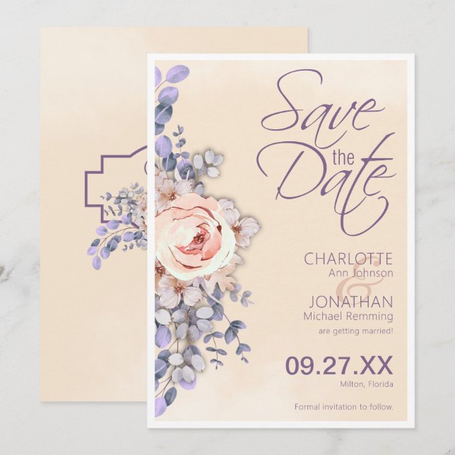 Mariage floral coloré Pêche Enregistrer la carte d (Devant / Derrière)