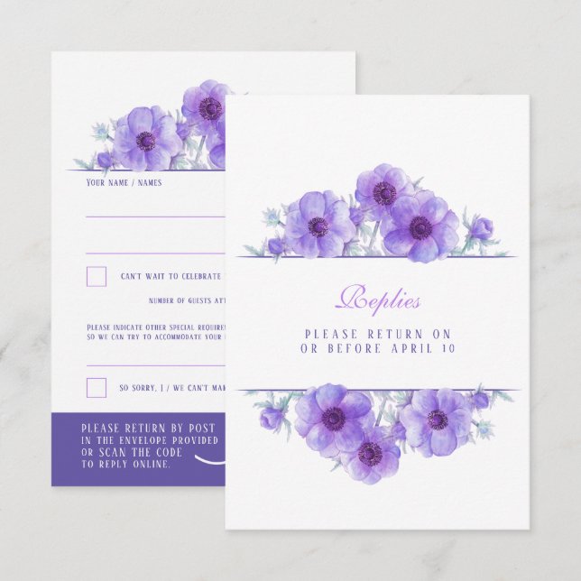 Mariage floral d'anémone blanc violet réponse QR R (Devant / Derrière)