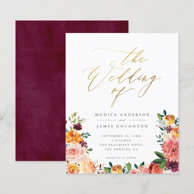 Mariage floral du script d'or Budget (Devant / Derrière)