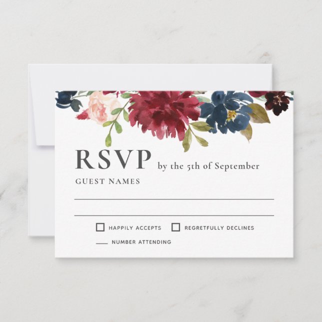 Mariage floral élégant RSVP marine et bourguignonn (Devant)