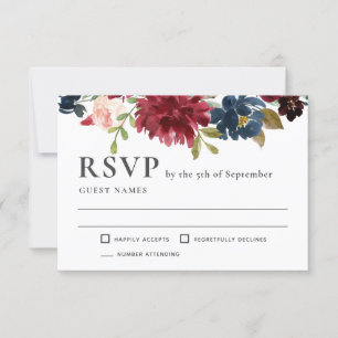 Mariage floral élégant RSVP marine et bourguignonn