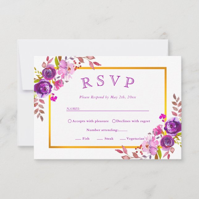 Mariage floral moderne Elégant or violet RSVP (Devant)