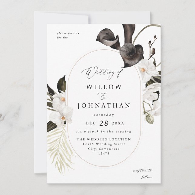 Mariage floral noir et blanc 3 Invitation (Devant)