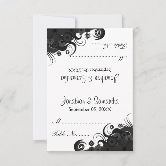 Mariage floral noir et blanc Table Place Cartes (Devant)
