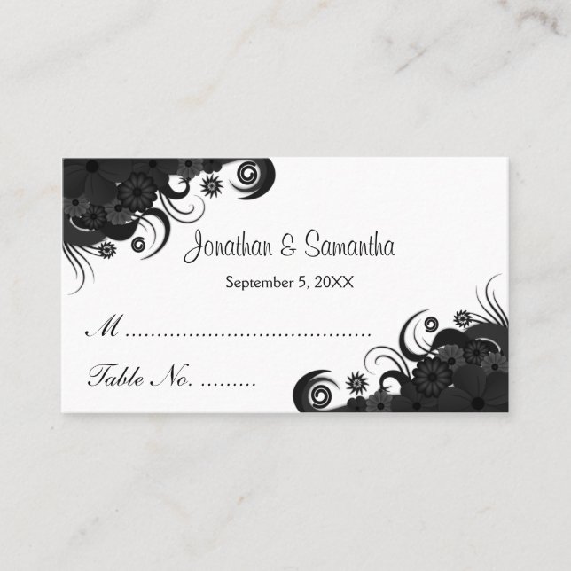 Mariage floral noir et blanc Table Place Cartes (Devant)