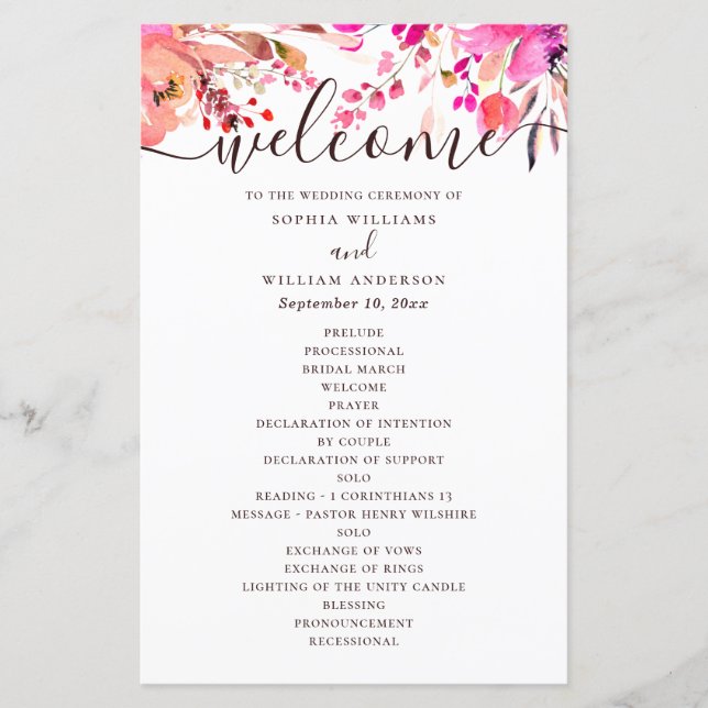 Mariage floral rose aquarelle. Programme d'automne (Devant)