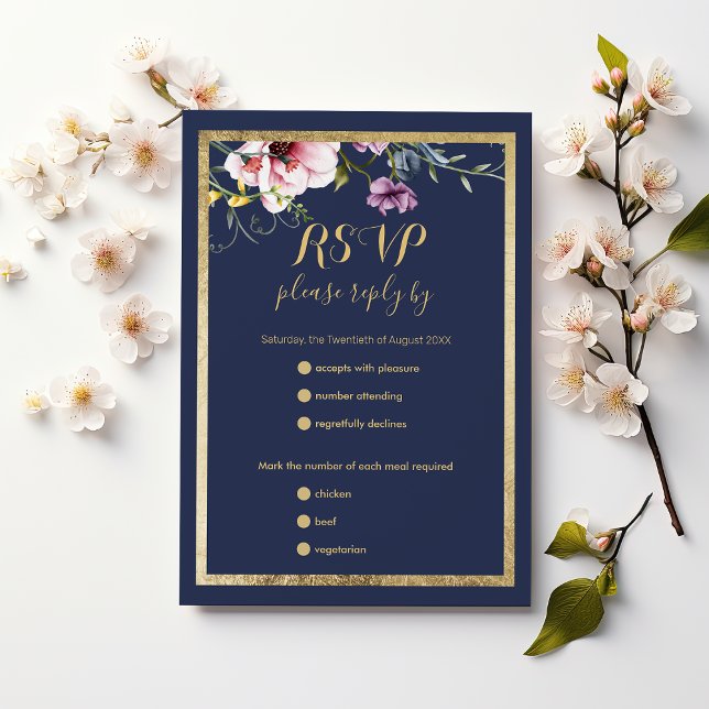 Mariage floral rose bleu marine élégant RSVP (Elegant navy blue gold pink floral wedding RSVP )