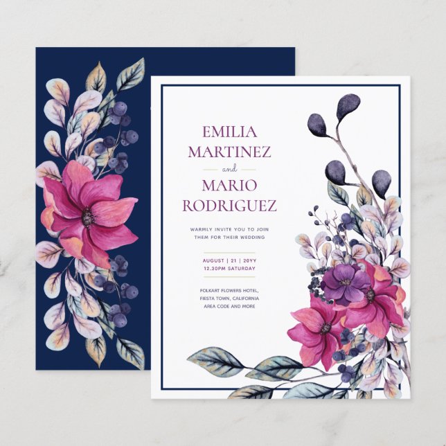 Mariage Floral Rose Fuchsia Bleu Nuit (Devant / Derrière)