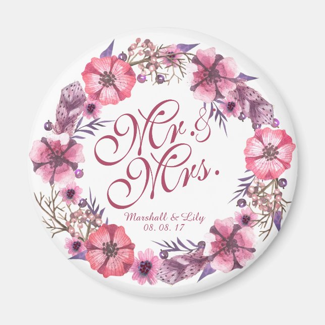 Mariage floral rose personnalisé | Magnet (Devant)