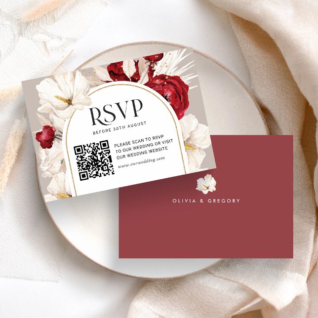 Mariage floral rouge et blanc rubis RSVP avec QRco (Créateur téléchargé)