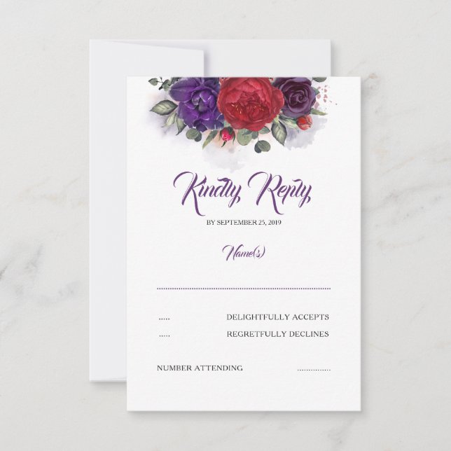 Mariage floral rouge prune et bordeaux RSVP (Devant)