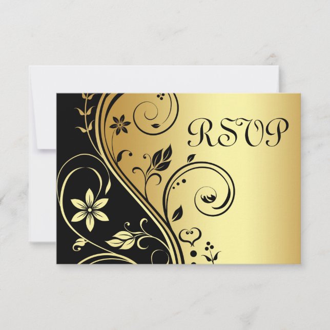 Mariage Floral Rsvp Black Gold Invitation (Devant)