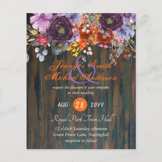 Mariage Floral Rustique Violet Orange Rose Invite (Devant)