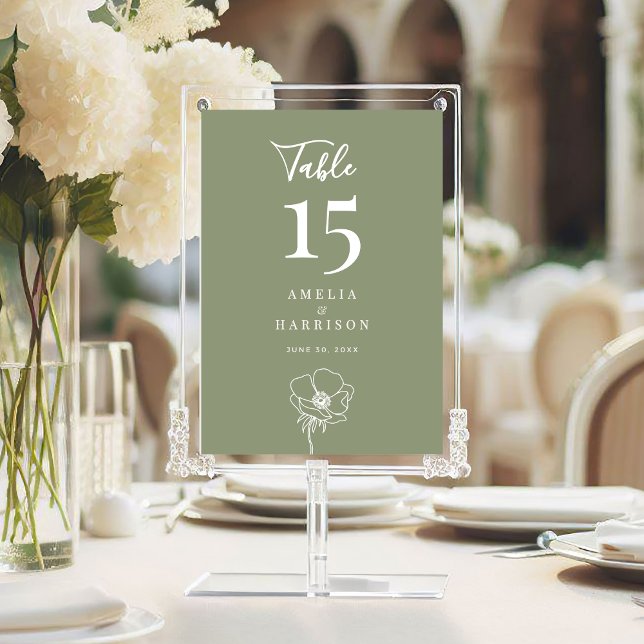 Mariage floral vert Sage 5x7 Numéro du tableau (Sage Green Floral Wedding 5x7 Table Number with Line Art Flower, Couple Names, Wedding Date.)