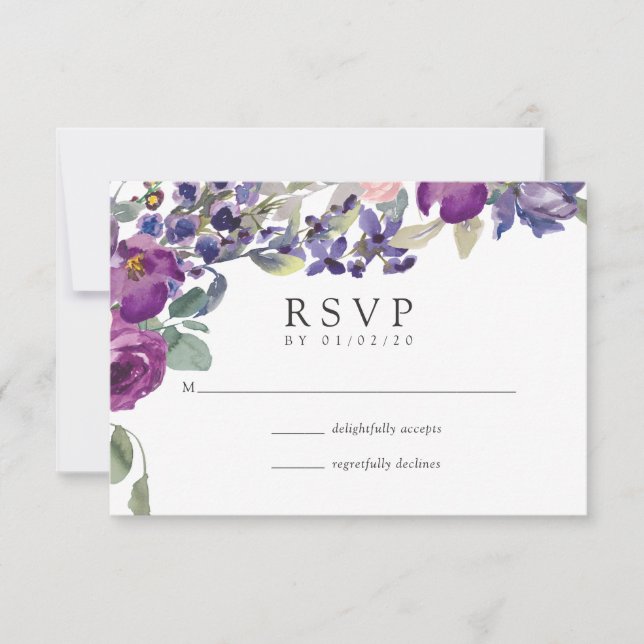 Mariage floral violet et prune RSVP (Devant)