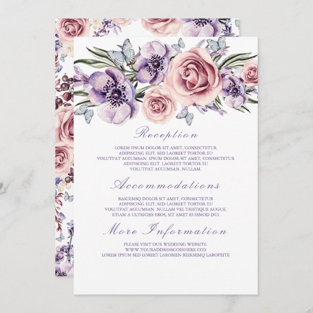 Mariage floral violet Informations Carte d'invité (Devant / Derrière)