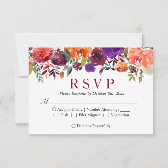 Mariage floral violet orange bordeaux RSVP (Devant)