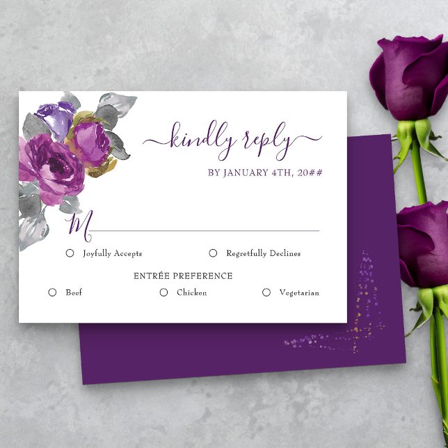 Mariage floral violet RSVP avec options de repas (Purple floral Entree option rsvp card from my Plush Purple Wedding Collection )
