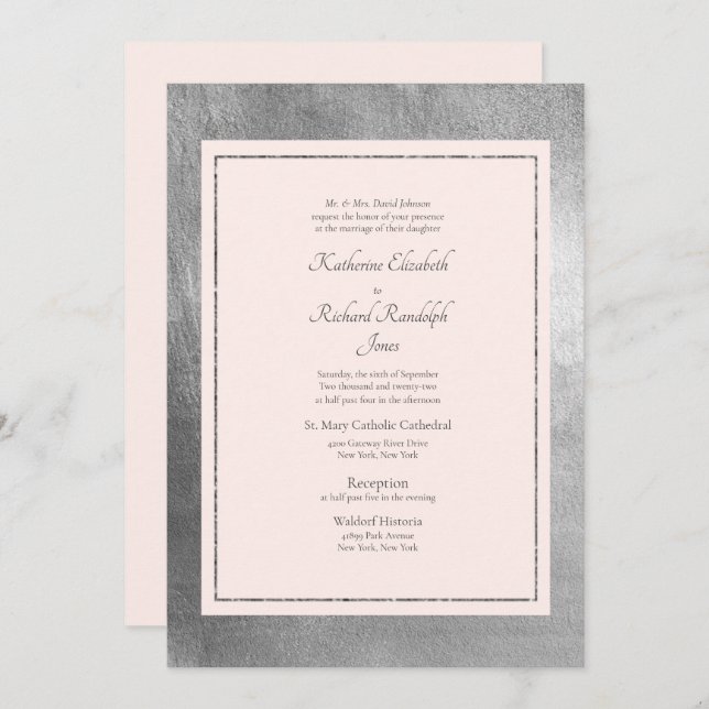 Mariage formel et élégant Invitation rose et argen (Devant / Derrière)