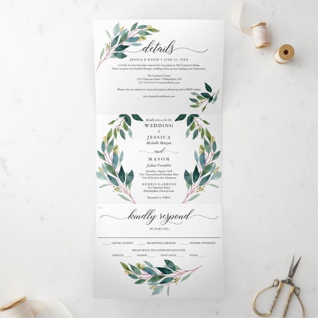 Mariage Garden Greens Invitations Tri-Fold (Intérieur)