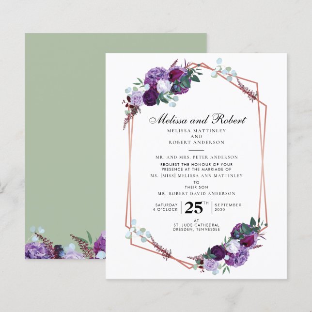 Mariage Géométrique à l'Aquarelle Fleurie Violet É (Devant / Derrière)