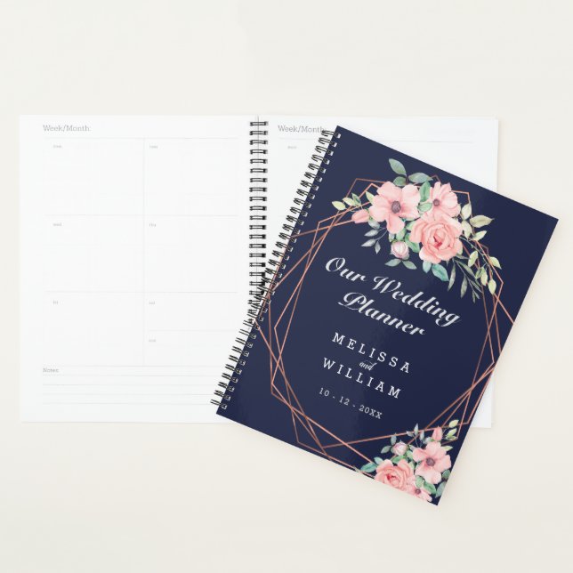 Mariage Géométrique Aquarelle Florale Rose Navy (Devant avec enveloppe)