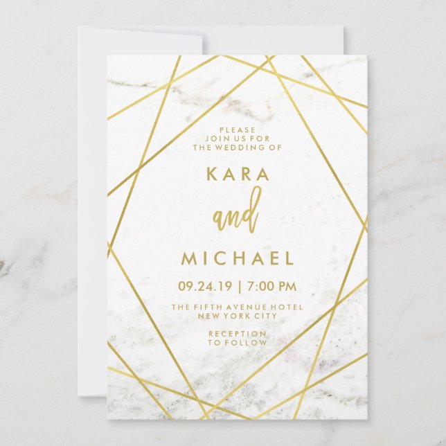 Mariage géométrique Marbre et Faux Gold Invitation (Devant)
