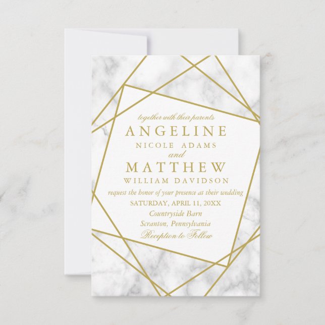 Mariage géométrique Marbre et Faux Gold Invitation (Devant)