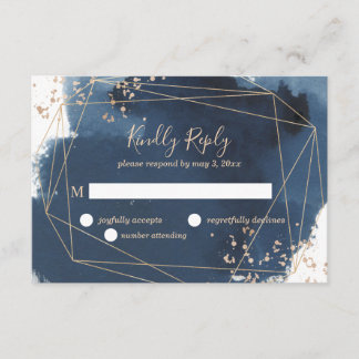 Mariage géométrique RSVP en marine et or